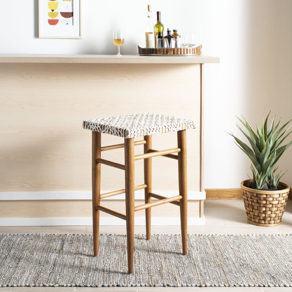 Safavieh Kaleo Woven Leather Barstool - Artisanal Design Meets Comfort For Modern And Rustic Interiors White / Natural Mindi Wood BST1004A