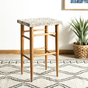 Safavieh Kaleo Woven Leather Barstool - Artisanal Design Meets Comfort For Modern And Rustic Interiors White / Natural Mindi Wood BST1004A