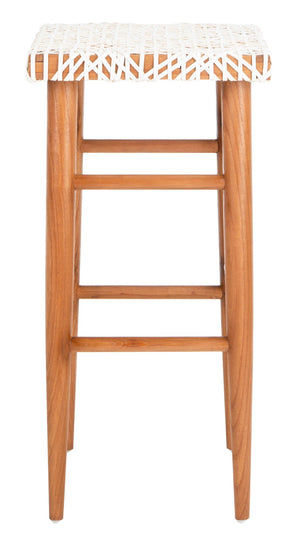 Safavieh Kaleo Woven Leather Barstool - Artisanal Design Meets Comfort For Modern And Rustic Interiors White / Natural Mindi Wood BST1004A