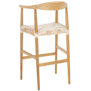 Safavieh Bandelier Bar Stool - Contemporary Teak Frame With Woven White Leather For Elegant Kitchen Seating BST1005A