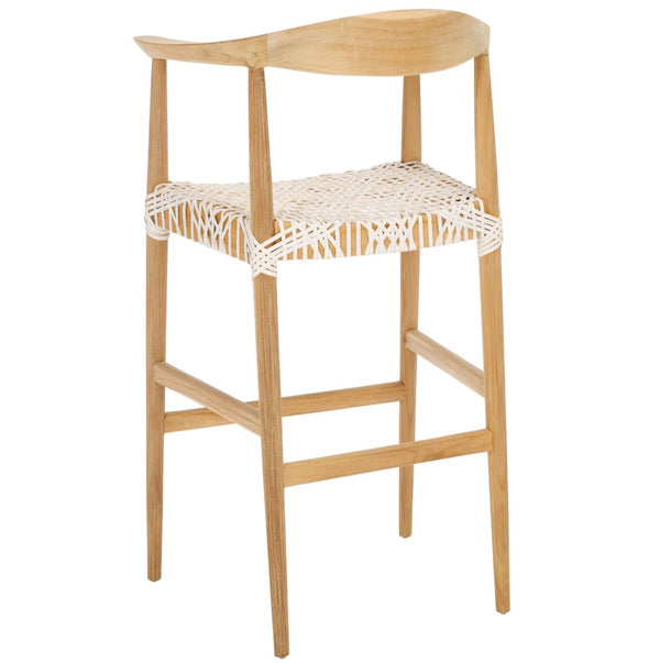 Safavieh Bandelier Bar Stool - Contemporary Teak Frame With Woven White Leather For Elegant Kitchen Seating BST1005A