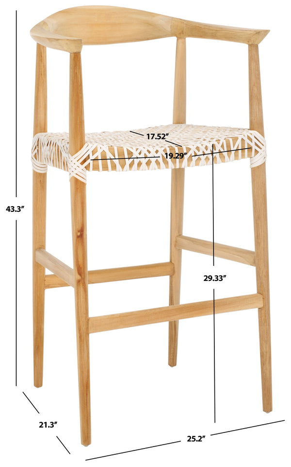 Safavieh Bandelier Bar Stool - Contemporary Teak Frame With Woven White Leather For Elegant Kitchen Seating BST1005A