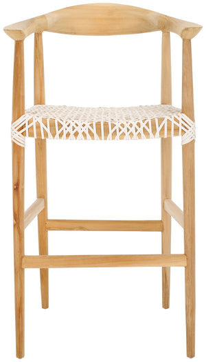 Safavieh Bandelier Bar Stool - Contemporary Teak Frame With Woven White Leather For Elegant Kitchen Seating BST1005A