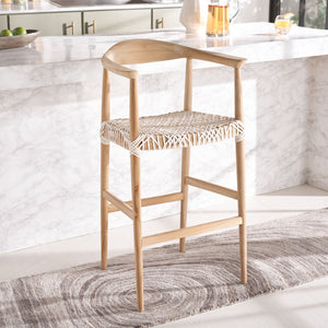 Safavieh Bandelier Bar Stool - Contemporary Teak Frame With Woven White Leather For Elegant Kitchen Seating BST1005A