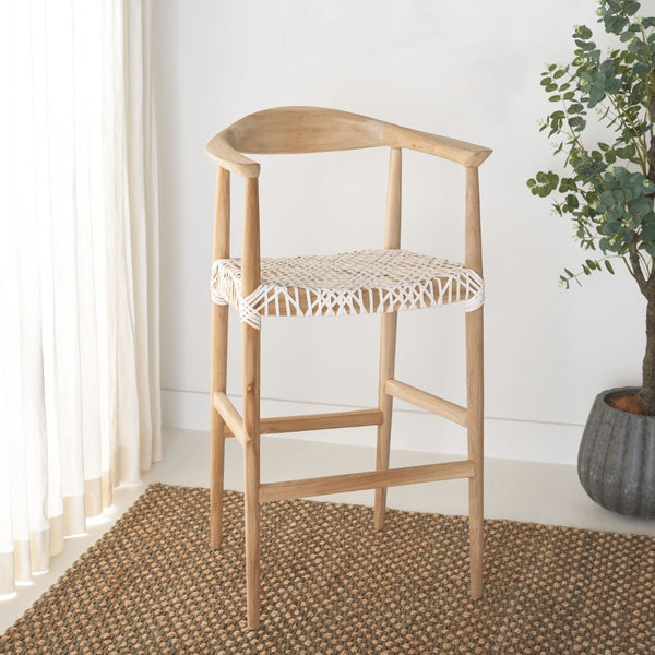 Safavieh Bandelier Bar Stool - Contemporary Teak Frame With Woven White Leather For Elegant Kitchen Seating BST1005A