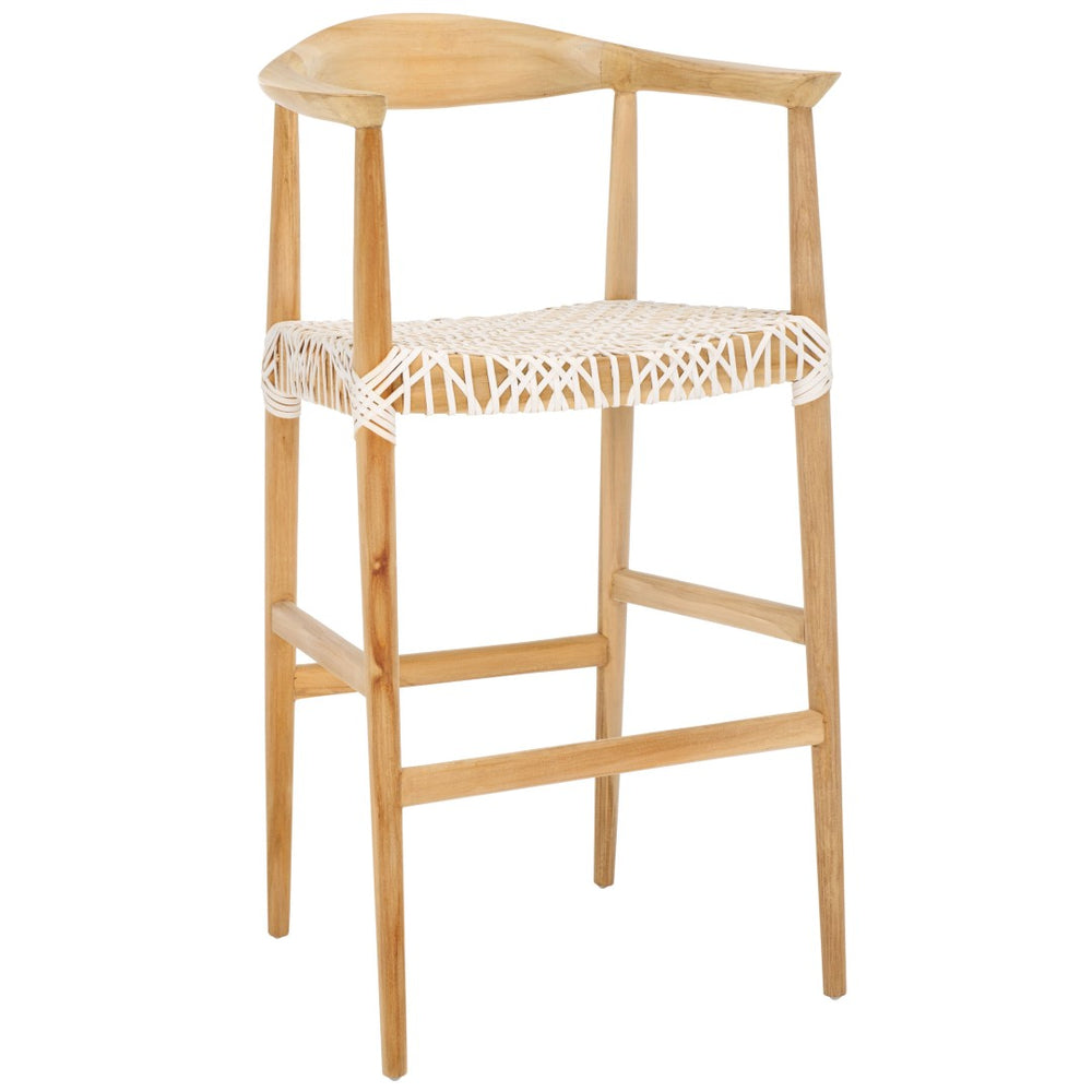 Safavieh Bandelier Bar Stool - Contemporary Teak Frame With Woven White Leather For Elegant Kitchen Seating BST1005A