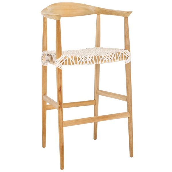 Safavieh Bandelier Bar Stool - Contemporary Teak Frame With Woven White Leather For Elegant Kitchen Seating BST1005A