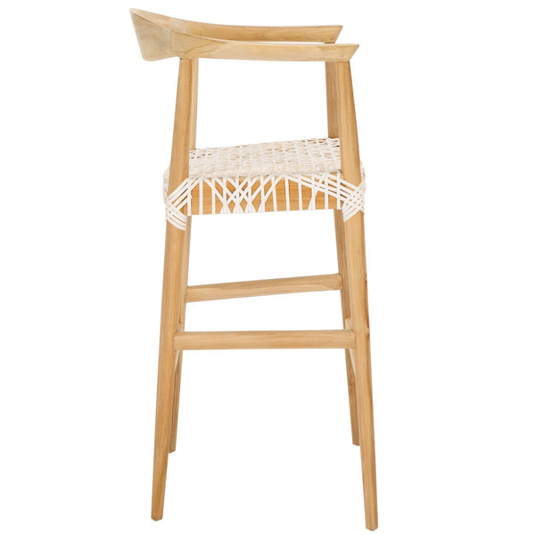 Safavieh Bandelier Bar Stool - Contemporary Teak Frame With Woven White Leather For Elegant Kitchen Seating BST1005A