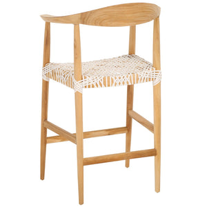Safavieh Bandelier Counter Stool - Stylish Teak Frame & Woven White Leather Seat For Modern Dining Spaces BST1006A