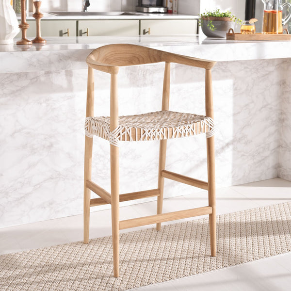 Safavieh Bandelier Counter Stool - Stylish Teak Frame & Woven White Leather Seat For Modern Dining Spaces BST1006A