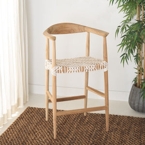 Safavieh Bandelier Counter Stool - Stylish Teak Frame & Woven White Leather Seat For Modern Dining Spaces BST1006A