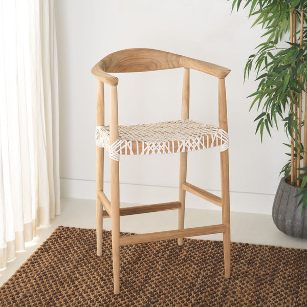 Safavieh Bandelier Counter Stool - Stylish Teak Frame & Woven White Leather Seat For Modern Dining Spaces BST1006A