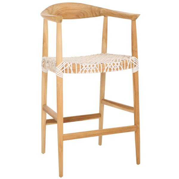 Safavieh Bandelier Counter Stool - Stylish Teak Frame & Woven White Leather Seat For Modern Dining Spaces BST1006A