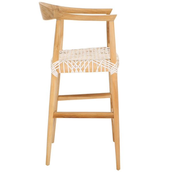 Safavieh Bandelier Counter Stool - Stylish Teak Frame & Woven White Leather Seat For Modern Dining Spaces BST1006A