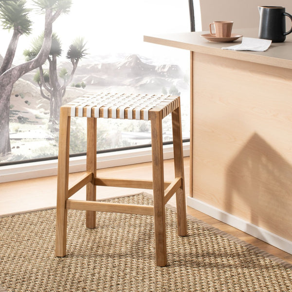 Safavieh Capri Counter Stool - Coastal-Inspired Teak Wood Design With Contemporary Leather Bands For Style Natural Teak / White Leather BST1009A