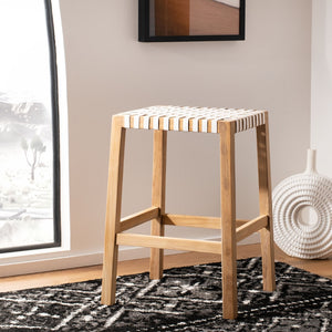 Safavieh Capri Counter Stool - Coastal-Inspired Teak Wood Design With Contemporary Leather Bands For Style Natural Teak / White Leather BST1009A