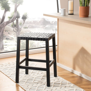 Safavieh Capri Counter Stool - Coastal-Inspired Teak Wood Design With Contemporary Leather Bands For Style Black / Black Leather BST1009B