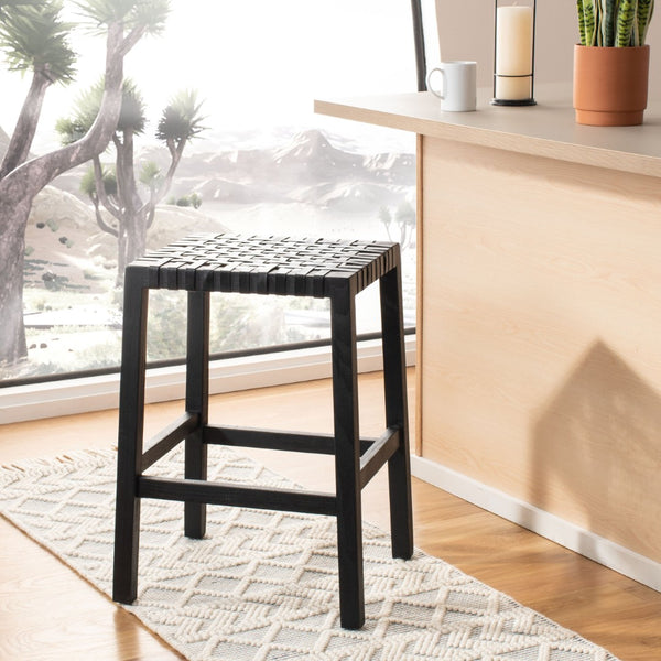 Safavieh Capri Counter Stool - Coastal-Inspired Teak Wood Design With Contemporary Leather Bands For Style Black / Black Leather BST1009B