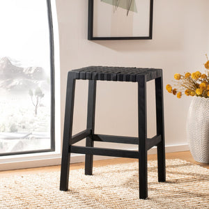 Safavieh Capri Counter Stool - Coastal-Inspired Teak Wood Design With Contemporary Leather Bands For Style Black / Black Leather BST1009B
