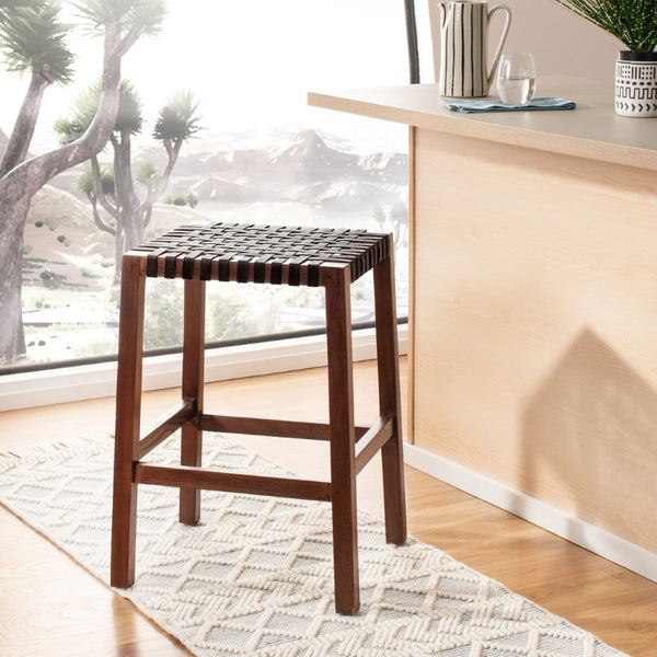 Safavieh Capri Counter Stool - Coastal-Inspired Teak Wood Design With Contemporary Leather Bands For Style Brown / Brown Leather BST1009C