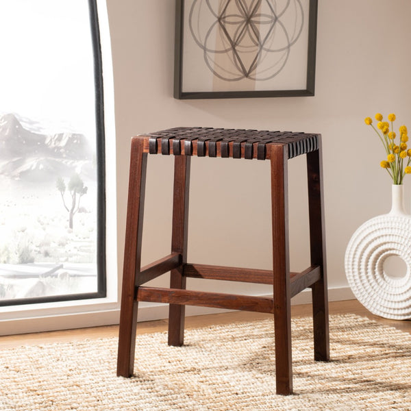 Safavieh Capri Counter Stool - Coastal-Inspired Teak Wood Design With Contemporary Leather Bands For Style Brown / Brown Leather BST1009C