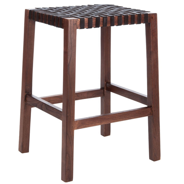Safavieh Capri Counter Stool - Coastal-Inspired Teak Wood Design With Contemporary Leather Bands For Style Brown / Brown Leather BST1009C