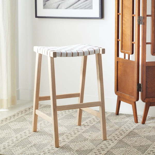 Safavieh Abreu Coastal-Inspired Rectangle Barstool With Woven Leather Seat And Natural Wood Frame For Style White / Light Natural BST1012A