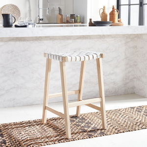 Safavieh Abreu Coastal-Inspired Rectangle Barstool With Woven Leather Seat And Natural Wood Frame For Style White / Light Natural BST1012A