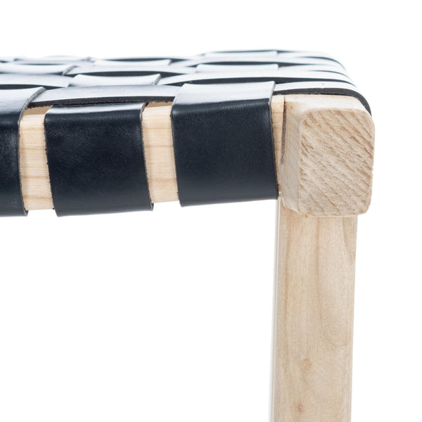 Safavieh Abreu Coastal-Inspired Rectangle Barstool With Woven Leather Seat And Natural Wood Frame For Style Black/Light Natural BST1012B