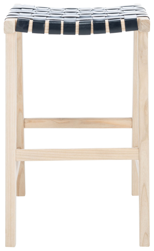 Safavieh Abreu Coastal-Inspired Rectangle Barstool With Woven Leather Seat And Natural Wood Frame For Style Black/Light Natural BST1012B
