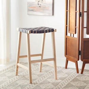 Safavieh Abreu Coastal-Inspired Rectangle Barstool With Woven Leather Seat And Natural Wood Frame For Style Black/Light Natural BST1012B
