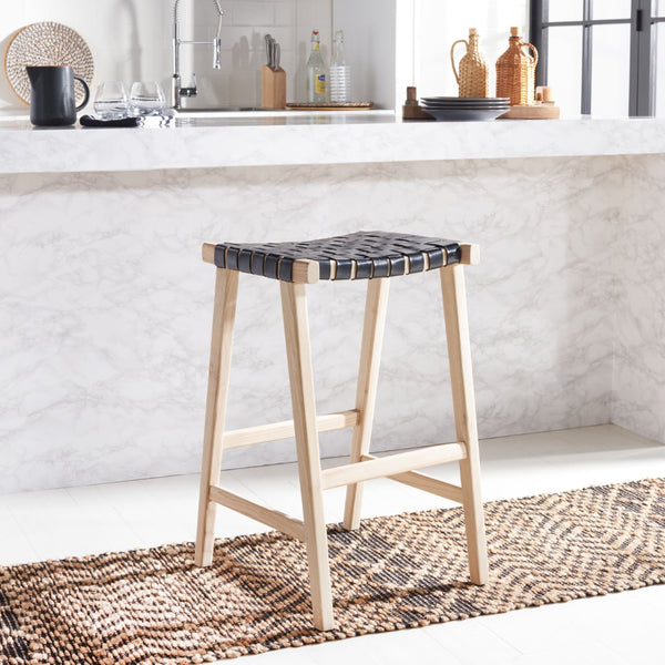 Safavieh Abreu Coastal-Inspired Rectangle Barstool With Woven Leather Seat And Natural Wood Frame For Style Black/Light Natural BST1012B