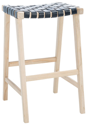 Safavieh Abreu Coastal-Inspired Rectangle Barstool With Woven Leather Seat And Natural Wood Frame For Style Black/Light Natural BST1012B