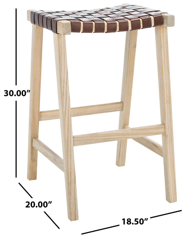 Safavieh Abreu Coastal-Inspired Rectangle Barstool With Woven Leather Seat And Natural Wood Frame For Style Cognac / Light Natural BST1012C