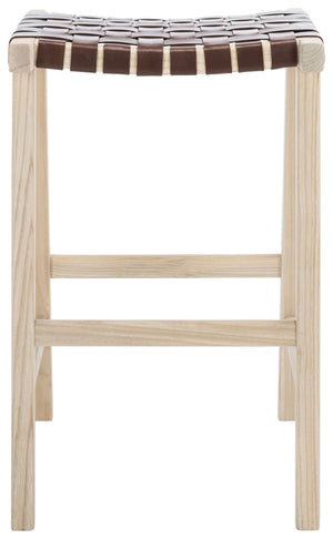 Safavieh Abreu Coastal-Inspired Rectangle Barstool With Woven Leather Seat And Natural Wood Frame For Style Cognac / Light Natural BST1012C