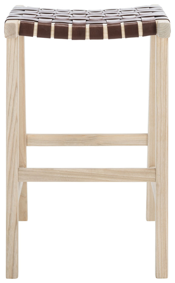 Safavieh Abreu Coastal-Inspired Rectangle Barstool With Woven Leather Seat And Natural Wood Frame For Style Cognac / Light Natural BST1012C