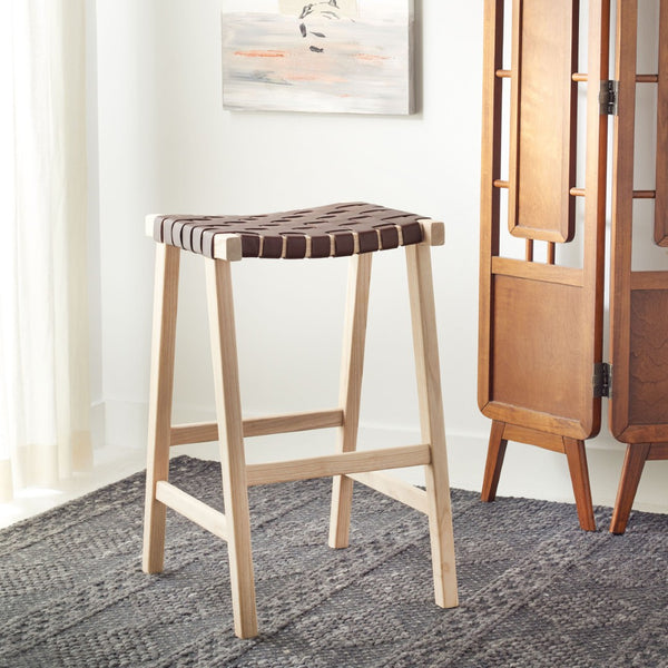 Safavieh Abreu Coastal-Inspired Rectangle Barstool With Woven Leather Seat And Natural Wood Frame For Style Cognac / Light Natural BST1012C