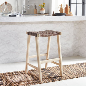 Safavieh Abreu Coastal-Inspired Rectangle Barstool With Woven Leather Seat And Natural Wood Frame For Style Cognac / Light Natural BST1012C