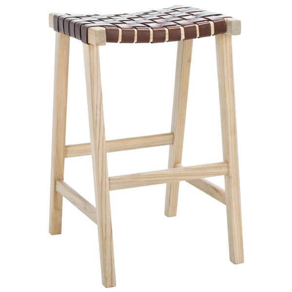 Safavieh Abreu Coastal-Inspired Rectangle Barstool With Woven Leather Seat And Natural Wood Frame For Style Cognac / Light Natural BST1012C