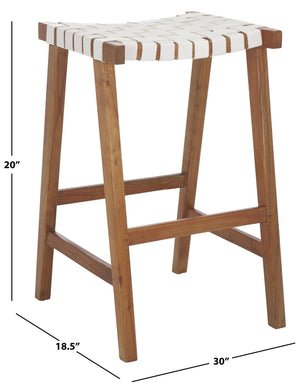 Safavieh Abreu Coastal-Inspired Rectangle Barstool With Woven Leather Seat And Natural Wood Frame For Style White/Natural BST1012D