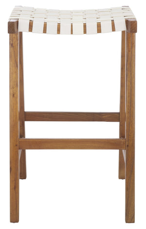 Safavieh Abreu Coastal-Inspired Rectangle Barstool With Woven Leather Seat And Natural Wood Frame For Style White/Natural BST1012D