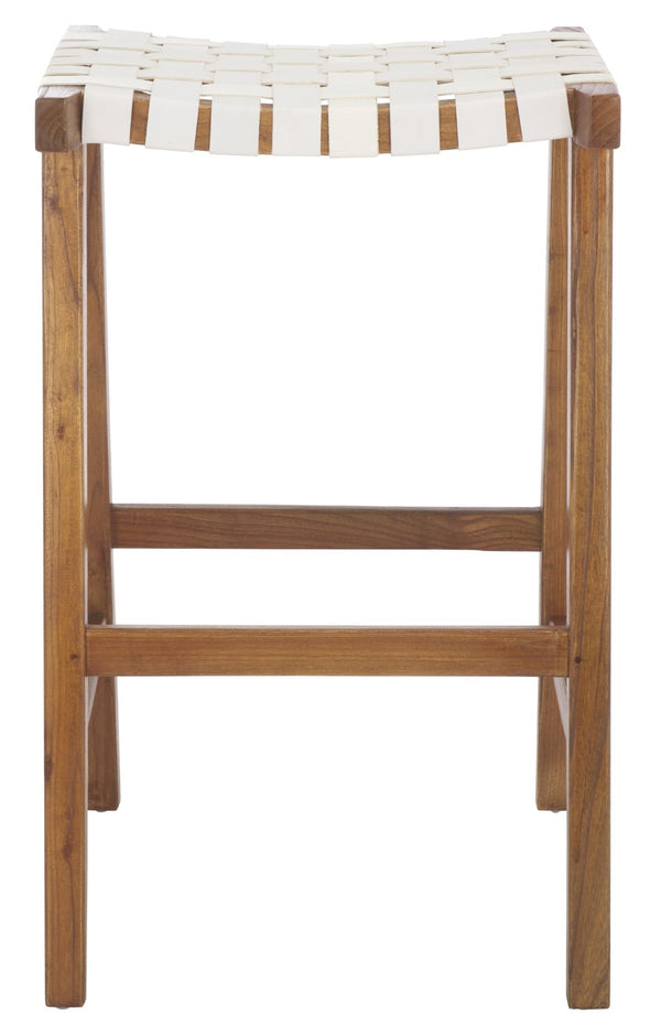 Safavieh Abreu Coastal-Inspired Rectangle Barstool With Woven Leather Seat And Natural Wood Frame For Style White/Natural BST1012D
