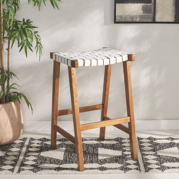 Safavieh Abreu Coastal-Inspired Rectangle Barstool With Woven Leather Seat And Natural Wood Frame For Style White/Natural BST1012D