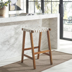 Safavieh Abreu Coastal-Inspired Rectangle Barstool With Woven Leather Seat And Natural Wood Frame For Style White/Natural BST1012D