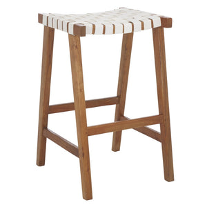 Safavieh Abreu Coastal-Inspired Rectangle Barstool With Woven Leather Seat And Natural Wood Frame For Style White/Natural BST1012D
