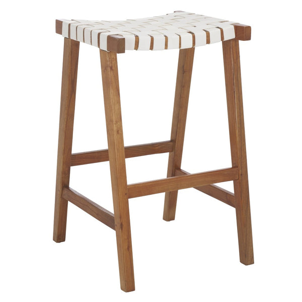 Safavieh Abreu Coastal-Inspired Rectangle Barstool With Woven Leather Seat And Natural Wood Frame For Style White/Natural BST1012D