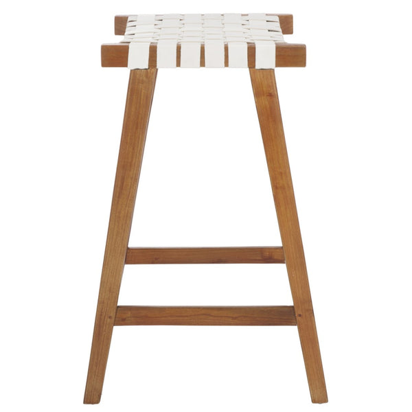 Safavieh Abreu Coastal-Inspired Rectangle Barstool With Woven Leather Seat And Natural Wood Frame For Style White/Natural BST1012D