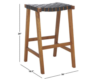 Safavieh Abreu Coastal-Inspired Rectangle Barstool With Woven Leather Seat And Natural Wood Frame For Style Black / Natural BST1012E