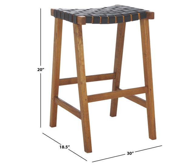 Safavieh Abreu Coastal-Inspired Rectangle Barstool With Woven Leather Seat And Natural Wood Frame For Style Black / Natural BST1012E
