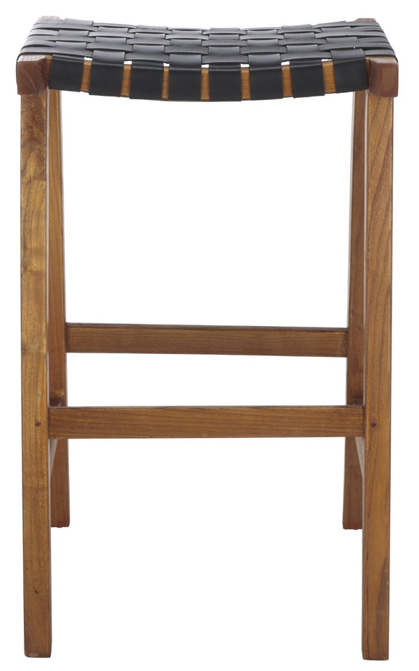 Safavieh Abreu Coastal-Inspired Rectangle Barstool With Woven Leather Seat And Natural Wood Frame For Style Black / Natural BST1012E